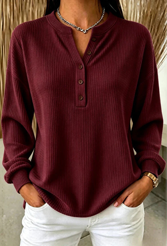 Women's Ribbed Henley Top – Relaxed Long Sleeve