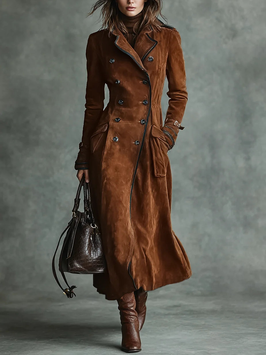 Women's Suede-Look Longline Coat – Tailored Lapel Open Front