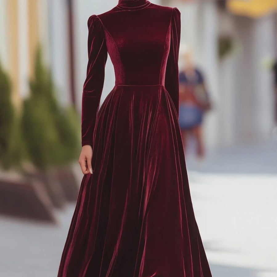 Women's High-Neck Maxi Dress – Puff Sleeve Flared Skirt