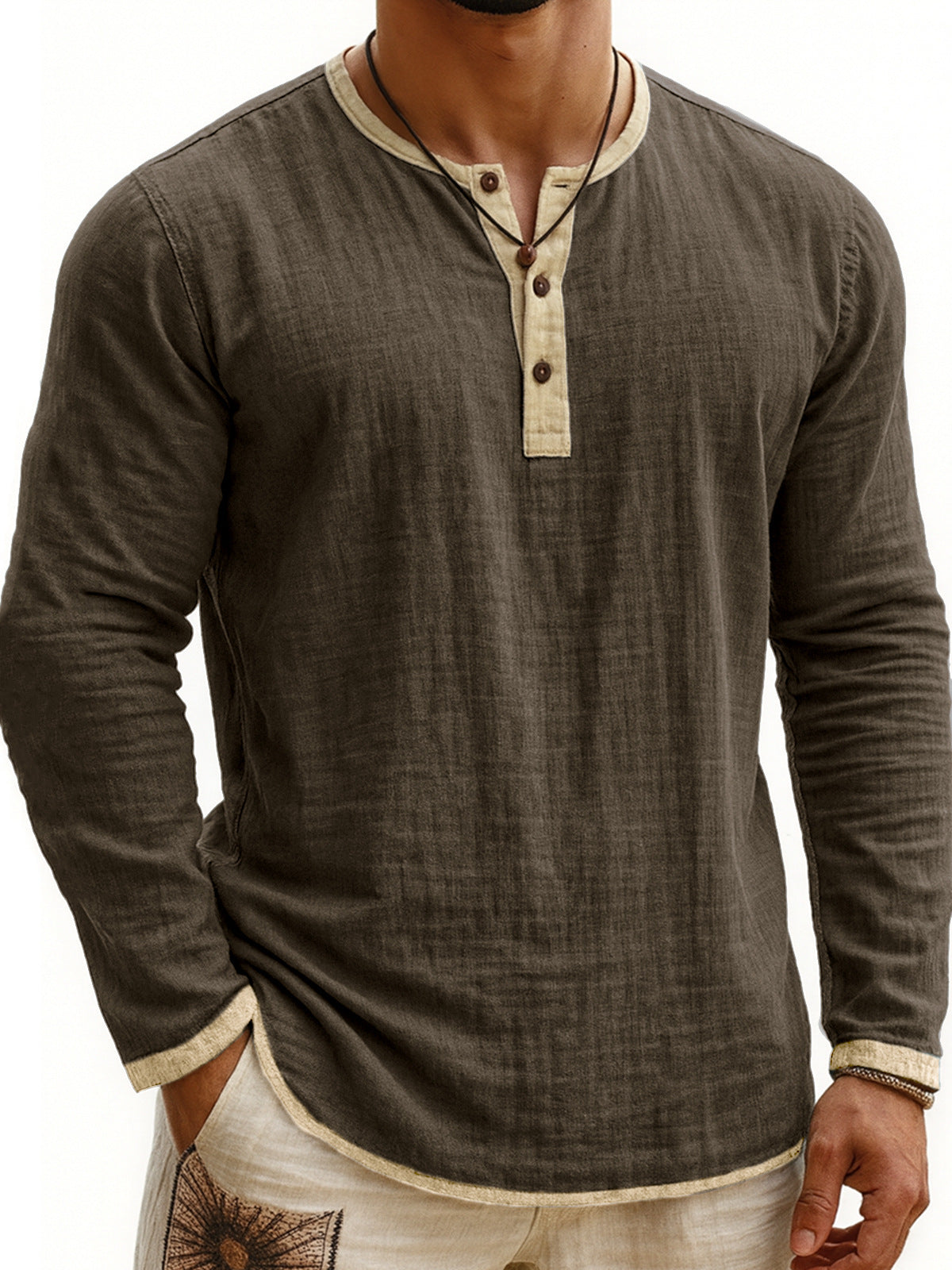 Men's Long Sleeve Henley Shirt – Slim Three-Button Placket