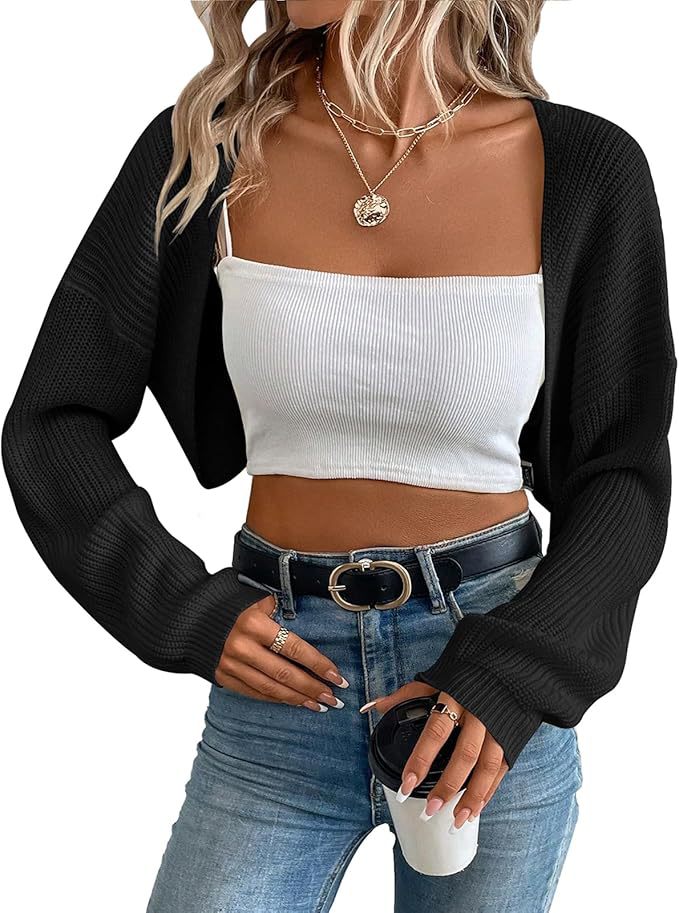 Women's Cropped Knit Cardigan – Ribbed Shawl Open Front