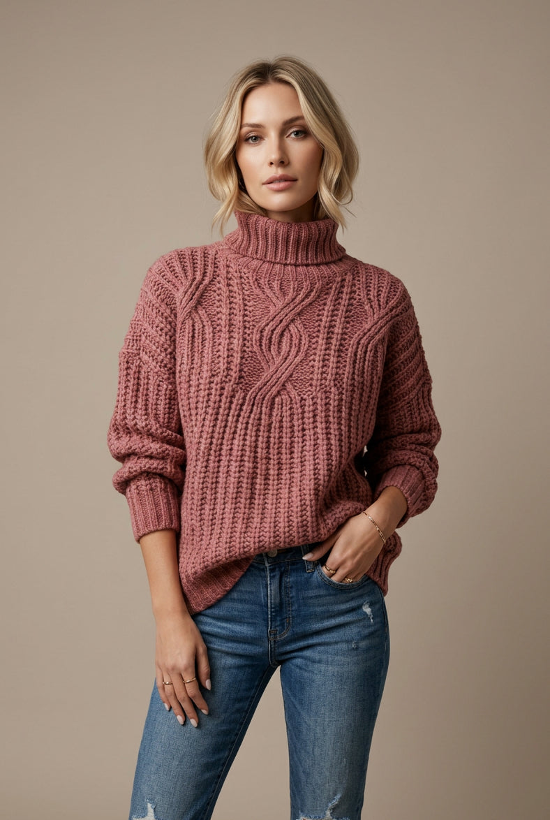 Women's High Neck Sweater – Twisted Knit Relaxed Fit