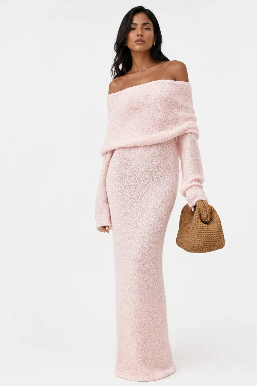 Women's Off-Shoulder Maxi Dress – Draped Fold Flared Sleeve
