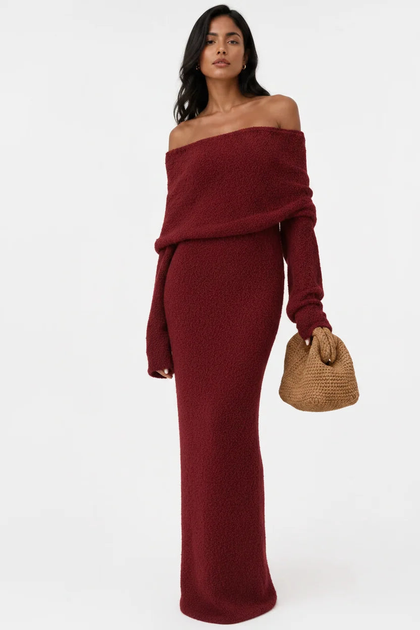 Women's Off-Shoulder Maxi Dress – Draped Fold Flared Sleeve