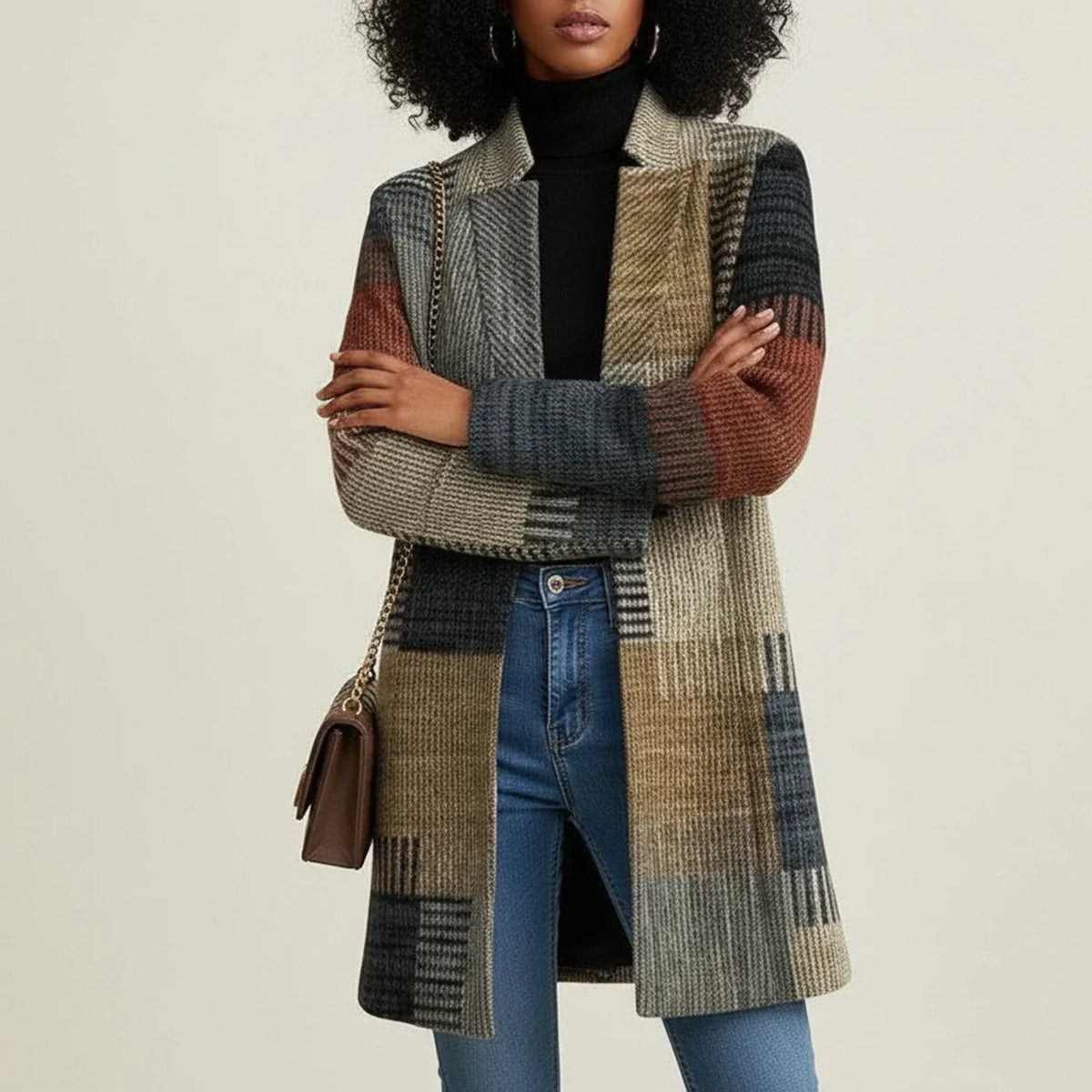 Women's Tailored Coat – Patchwork Check Panels
