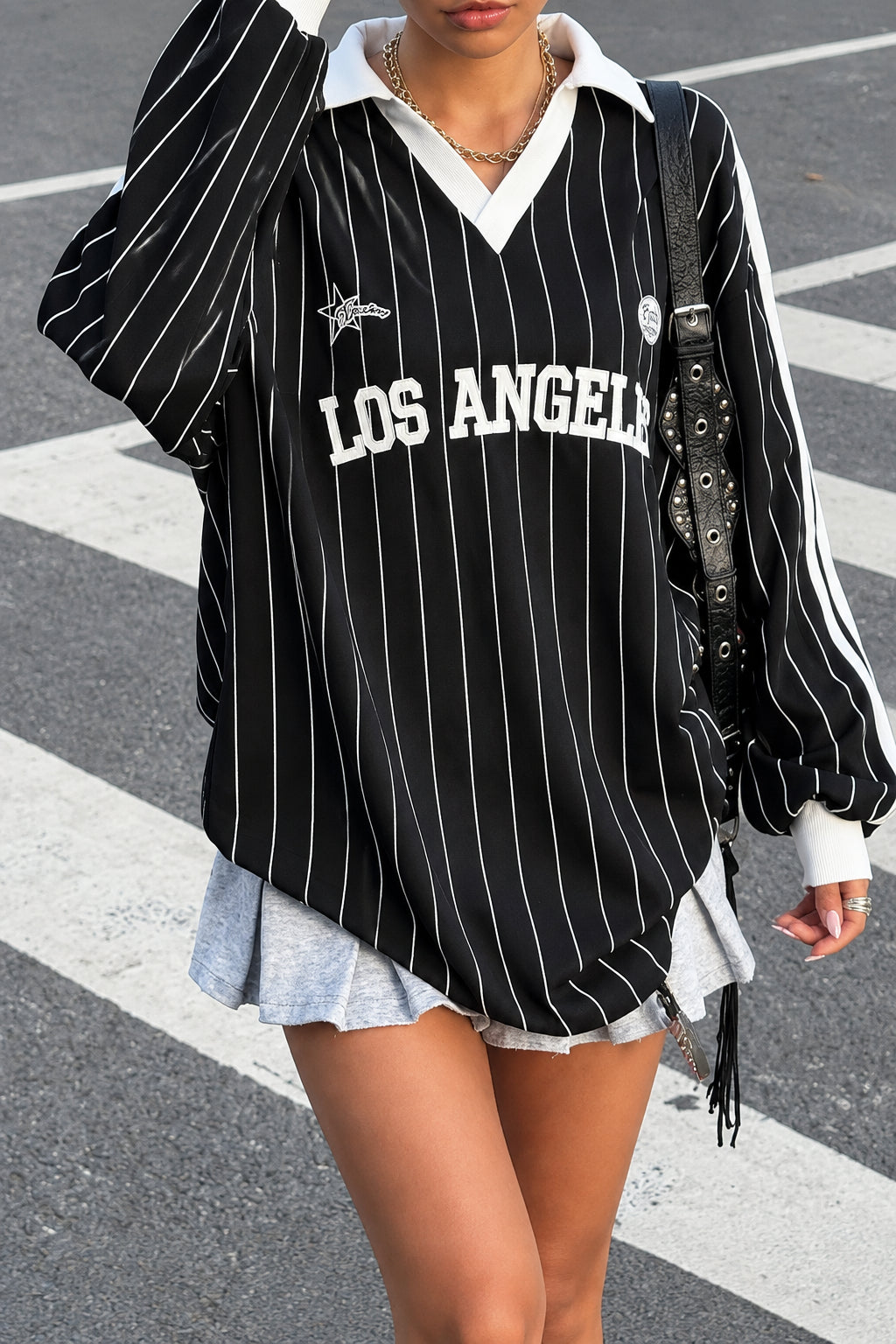 Women's Striped T-Shirt – Oversized Varsity Graphic