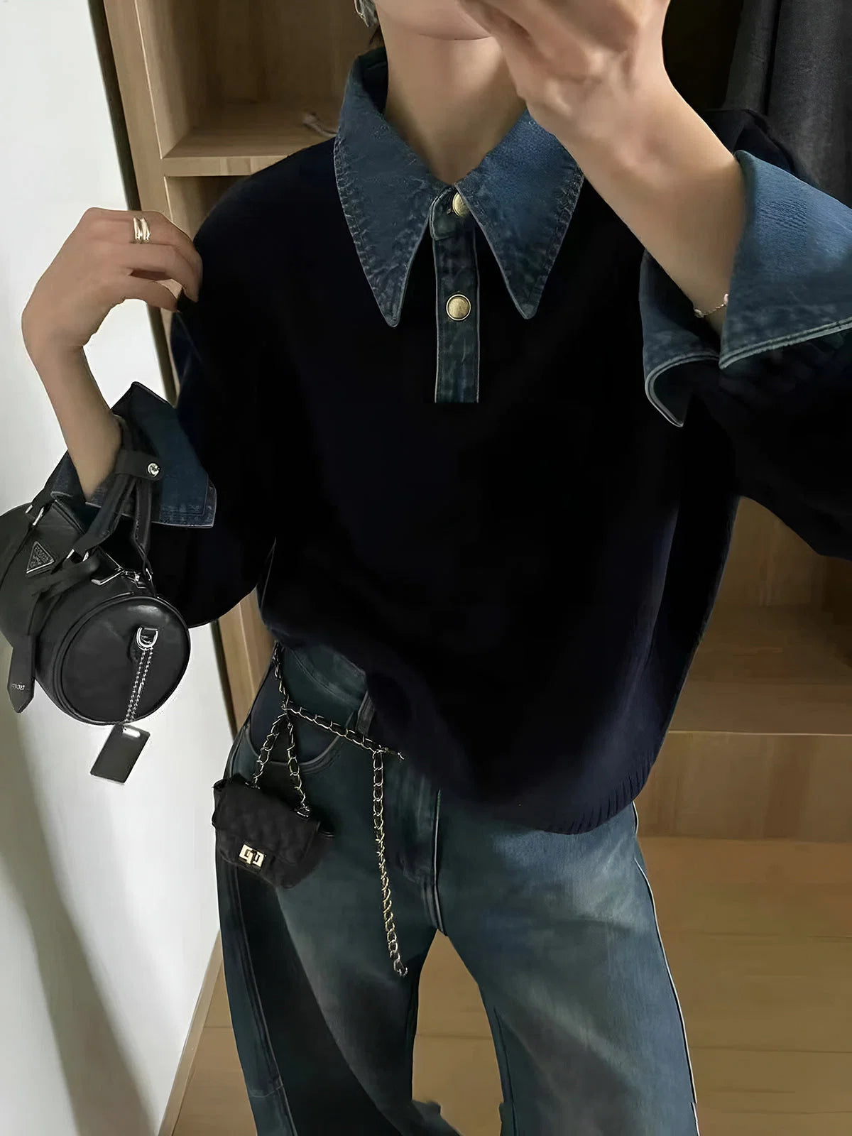 Women's Layered-Look Knit Sweater – Denim-Style Shirt Collar