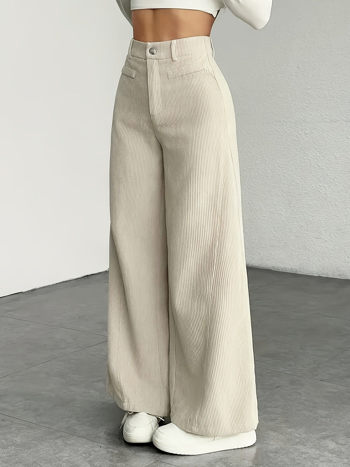 Women's High-Waisted Wide-Leg Pants – Fine Vertical Stripe