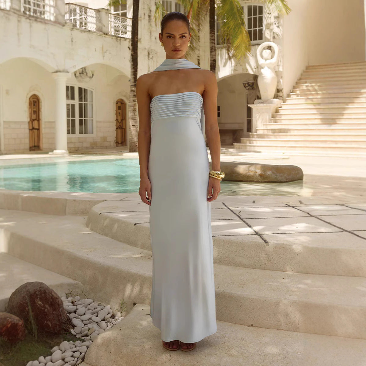 Women's Strapless Maxi Dress – Lace-Up Satin Bodice