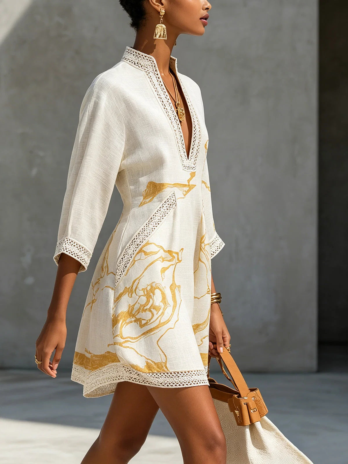 Women's Lace-Trim Mini Dress – V-Neck Three-Quarter Sleeve