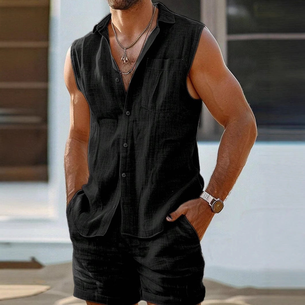 Men's Cotton-Linen Vest – Open-Front Stand Collar
