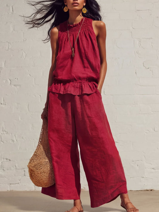 Women's Two-Piece Set – Ruffle Vest & Straight Pants