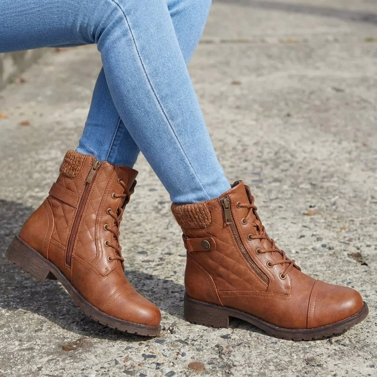 Women's Lace-Up Ankle Boots – Side Zip Block Heel