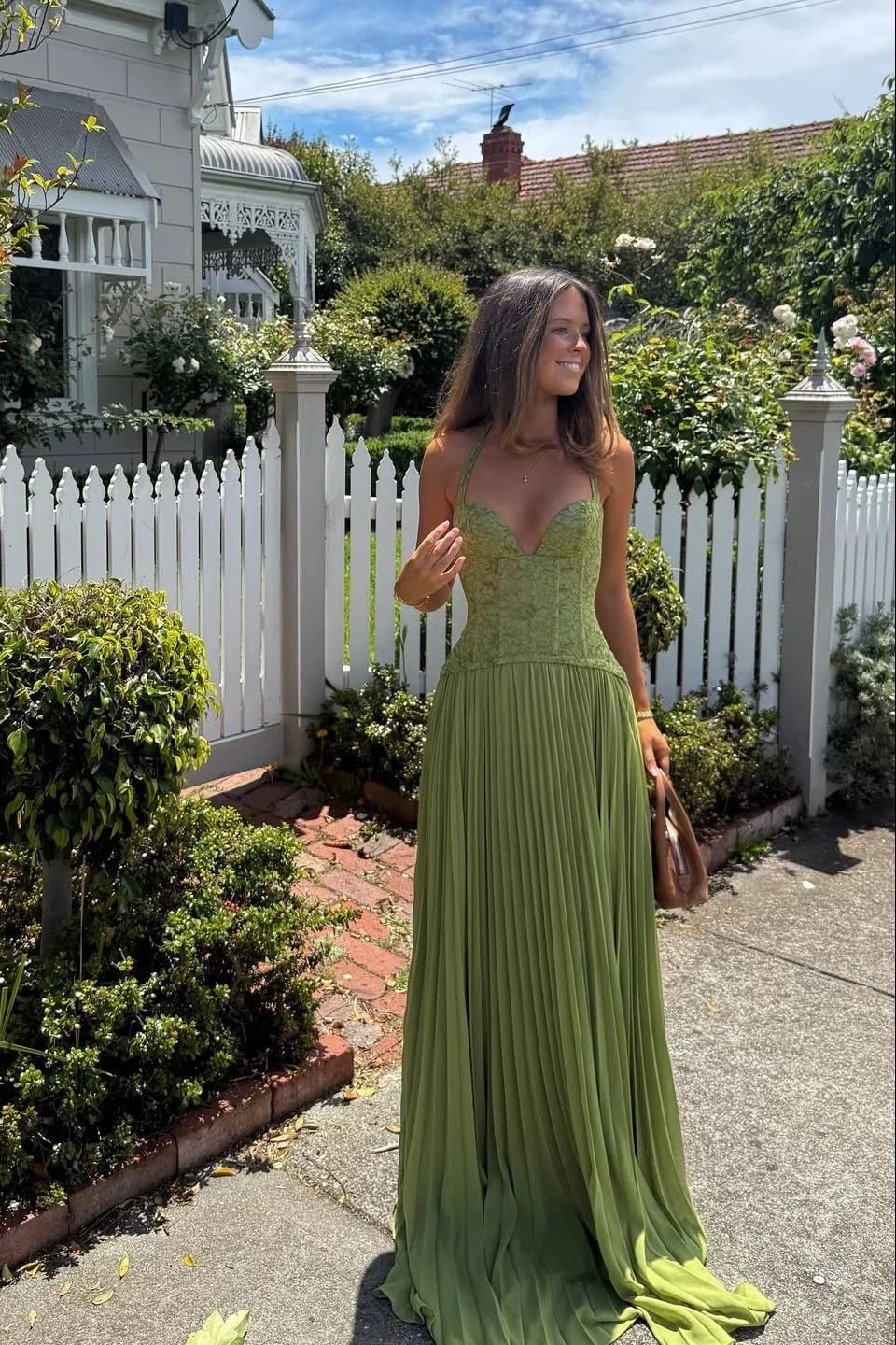Women's Halter Maxi Dress – Open Back Pleated Skirt