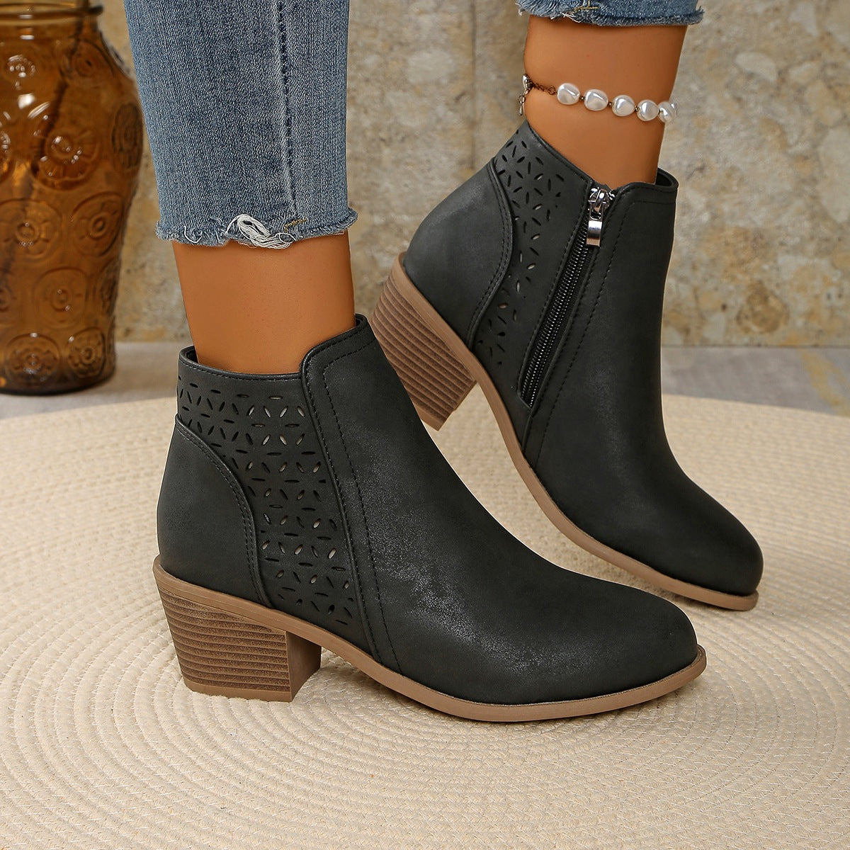 Women's Ankle Boot – Cutout Detail Block Heel