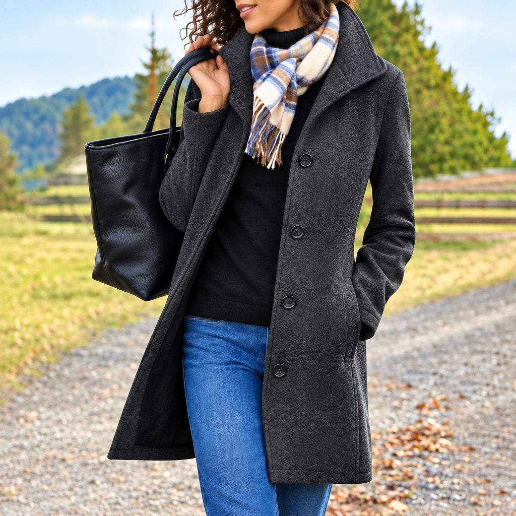 Women's Midi Coat – Slim Fit Notch Collar