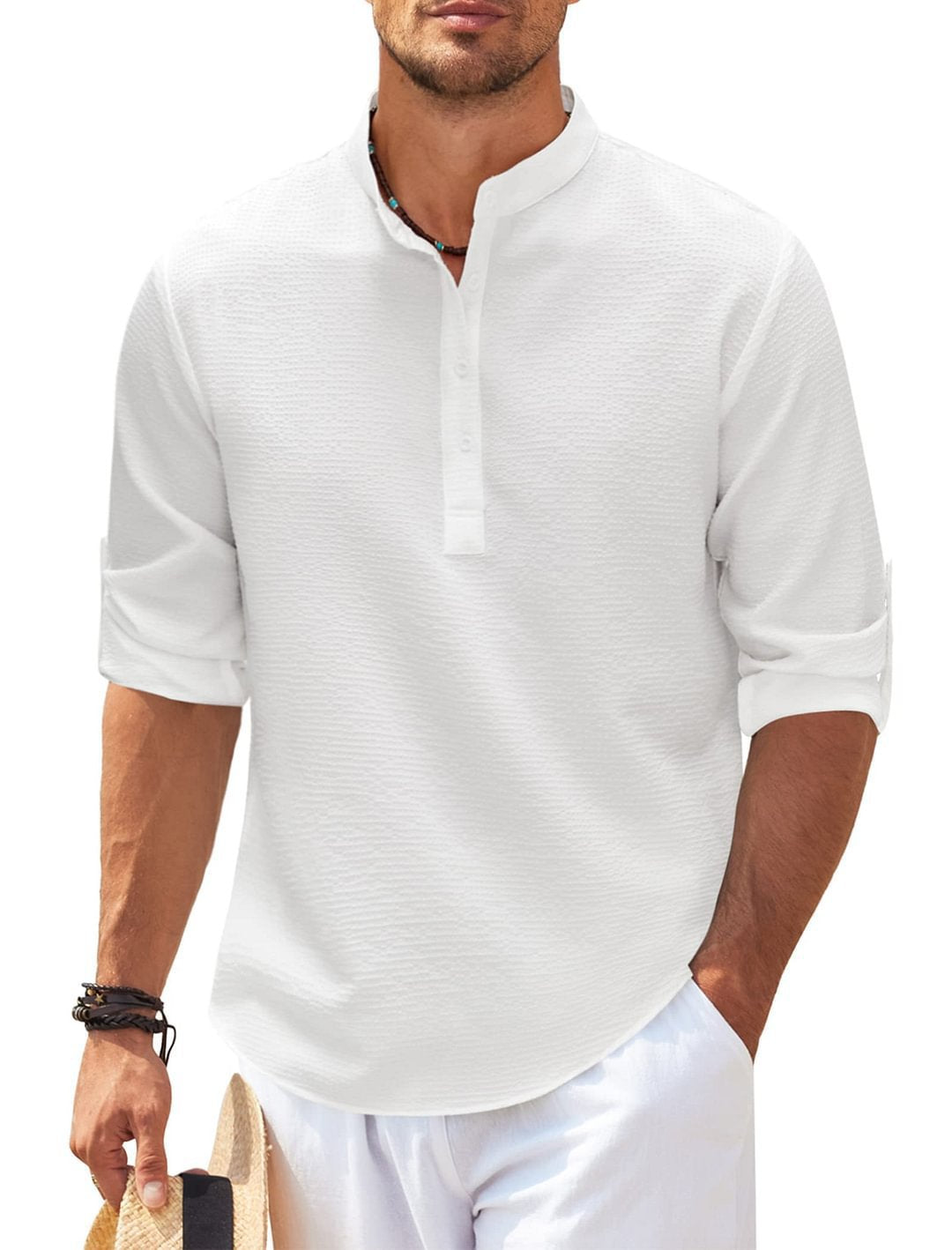 Men's Textured Button-Up Shirt – Stand Collar Regular Fit