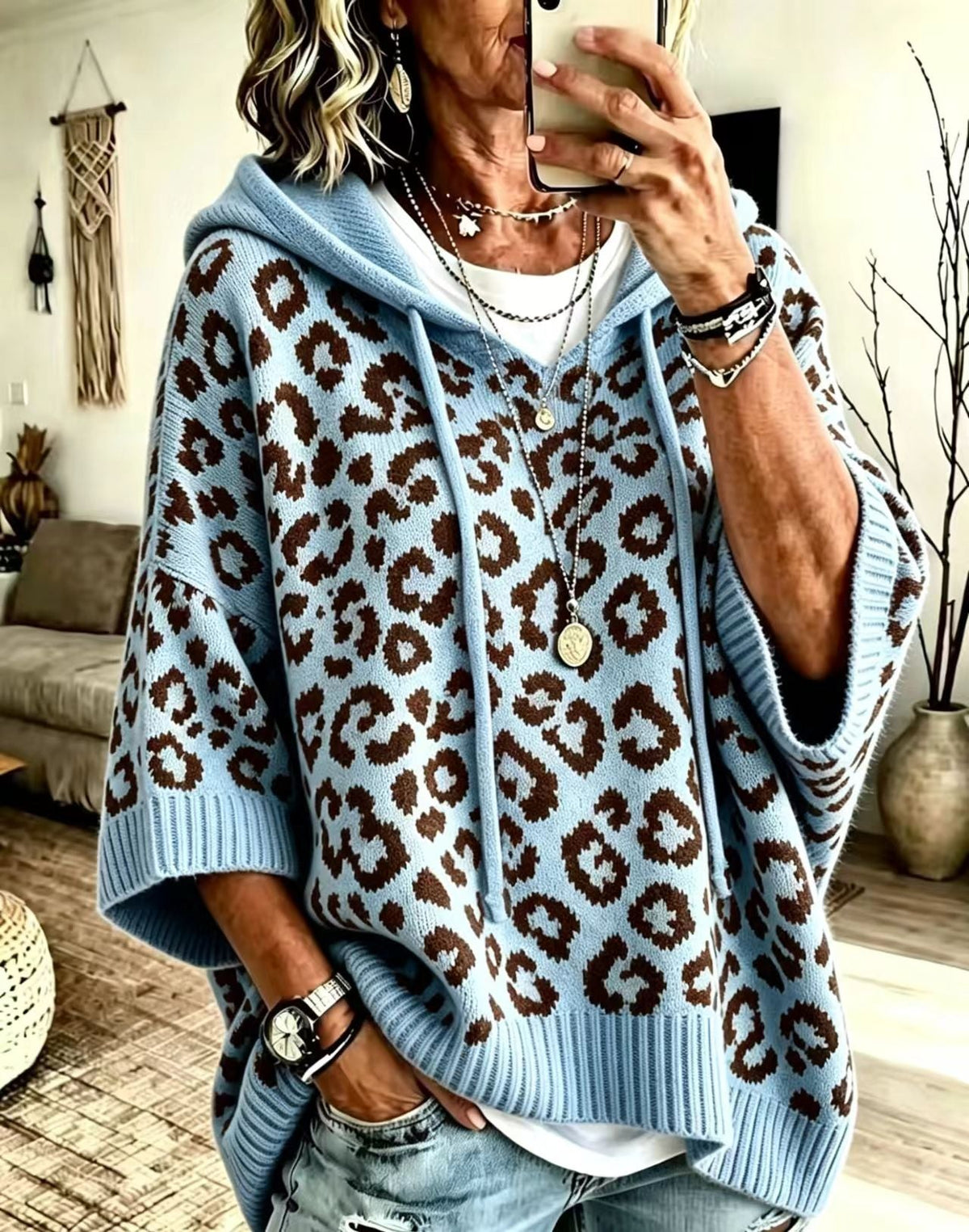 Women's Knit Hoodie – Leopard Pattern Pullover