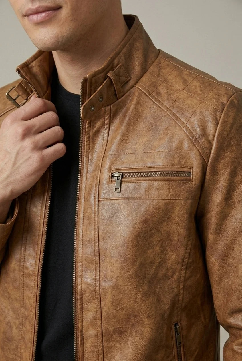 Men's Faux Leather Jacket – Stand Collar Zip Front