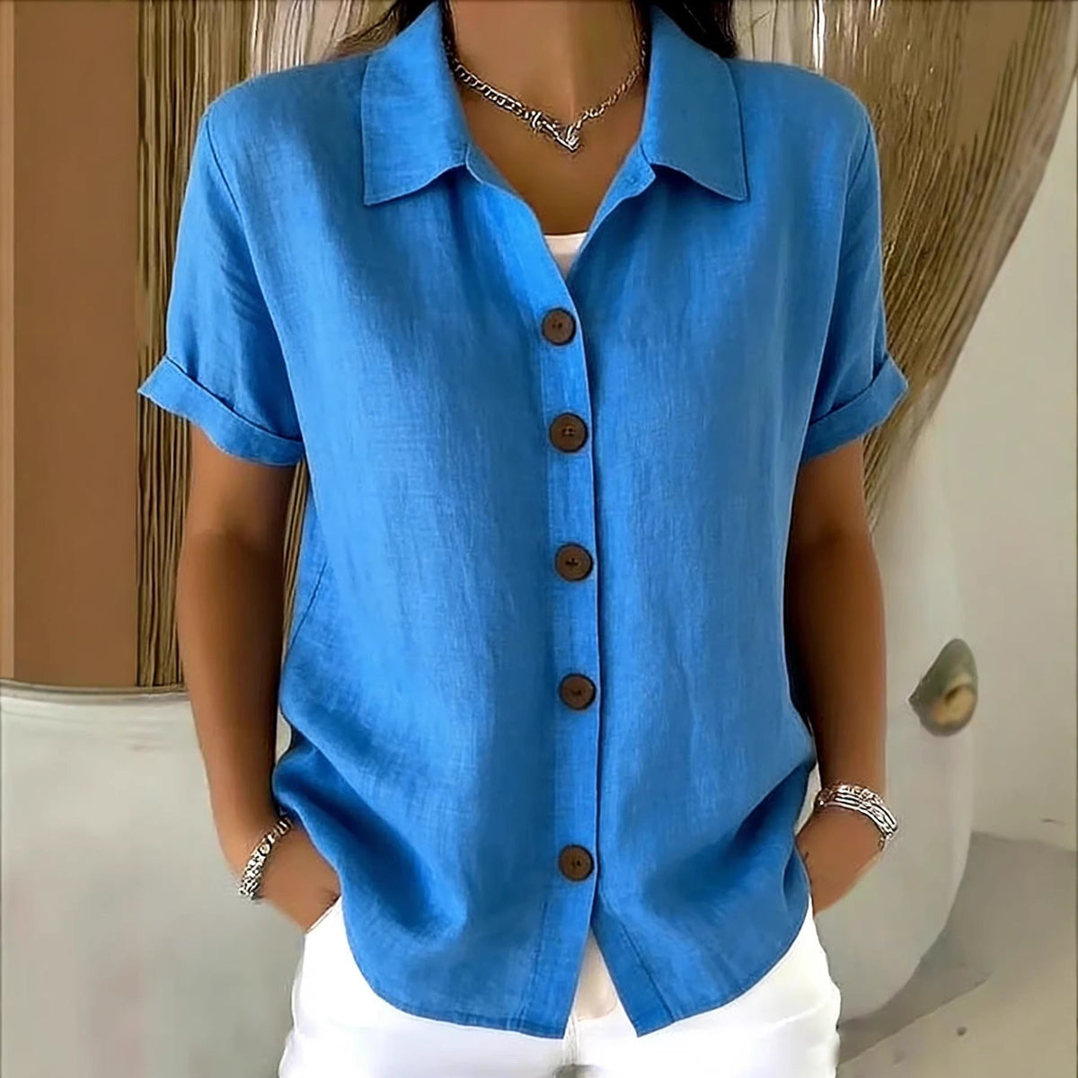 Women's Linen-Blend Shirt – Short Sleeve Button Front