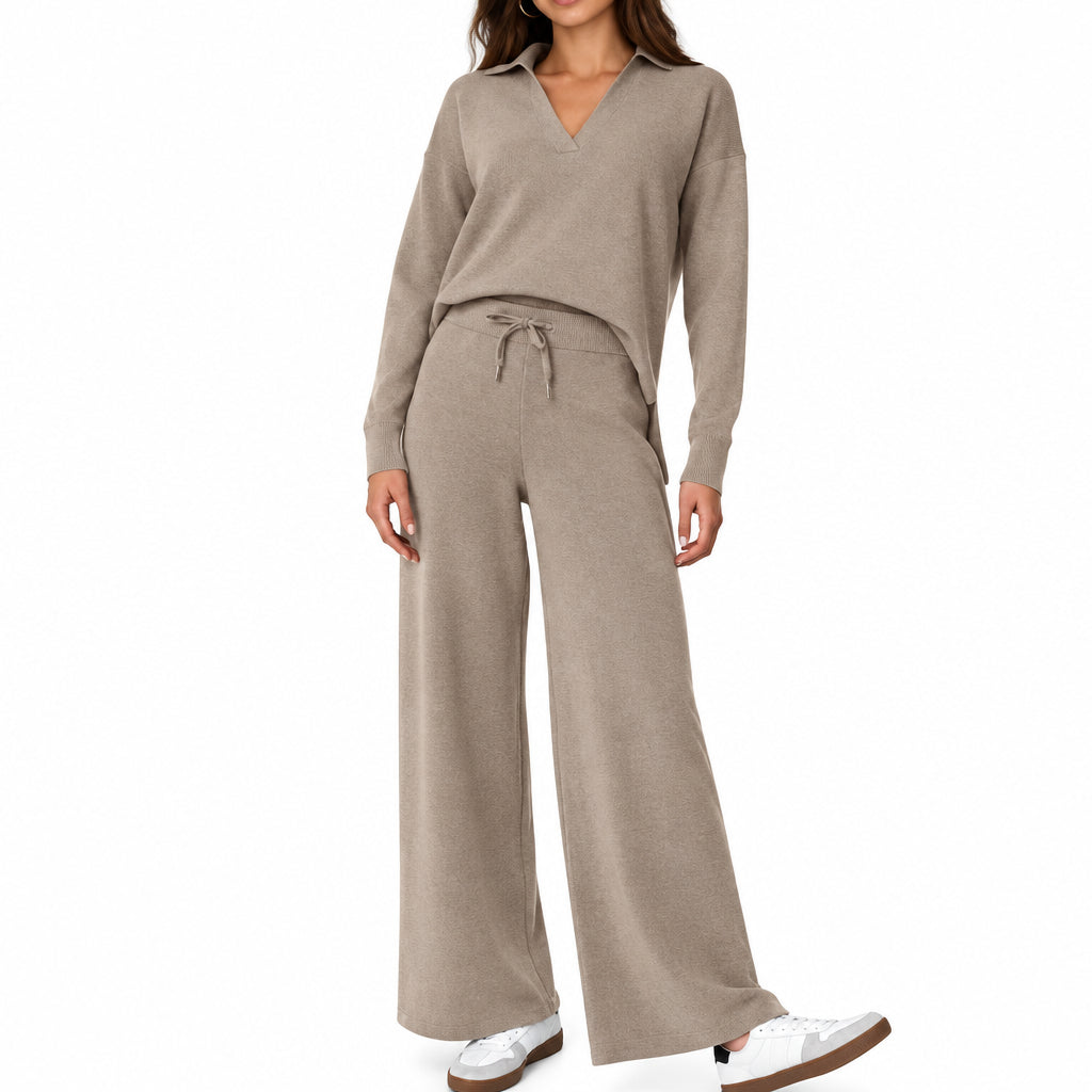 Women's Two-Piece Set – V-Neck Top and Straight Pants