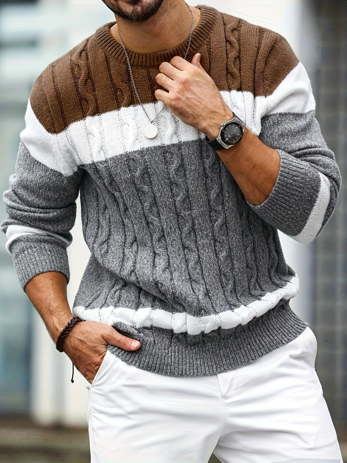 Men's Color Block Knit Sweater – Relaxed Crew Neck