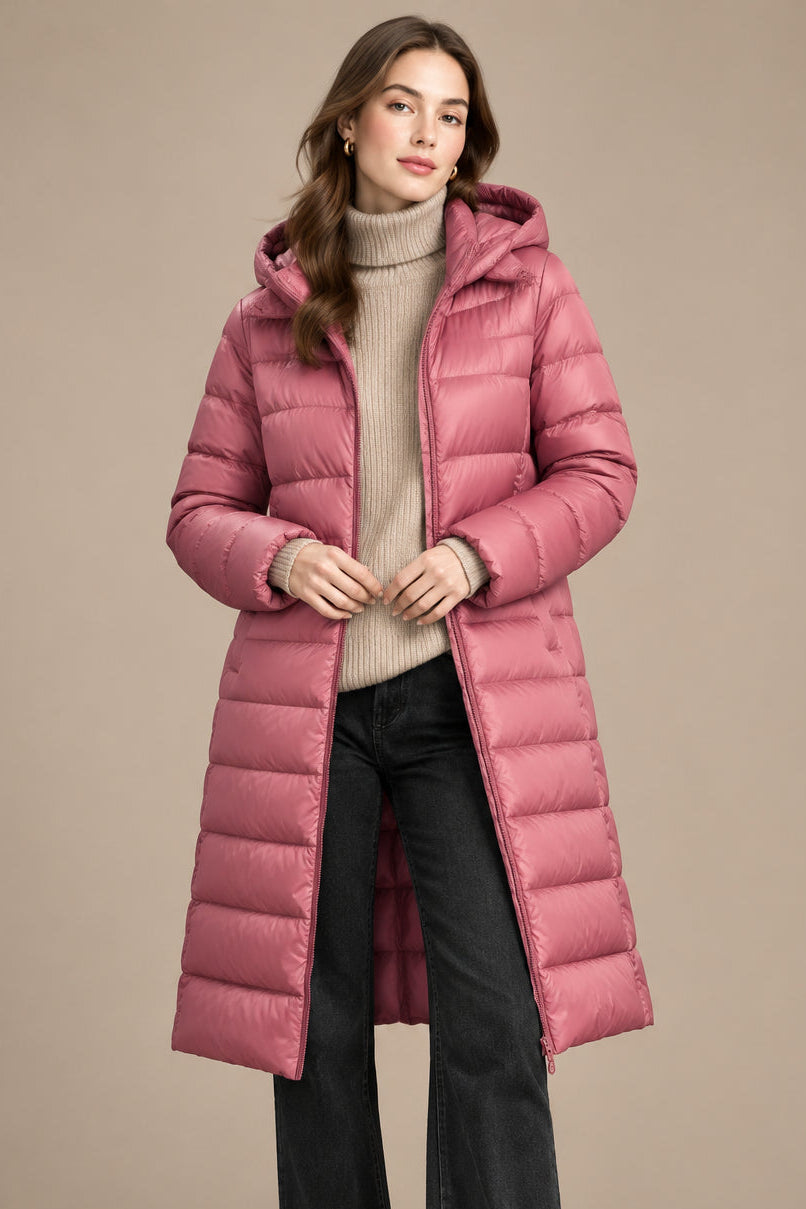 Women's Down Hooded Jacket – Slim Mid-Length Fit