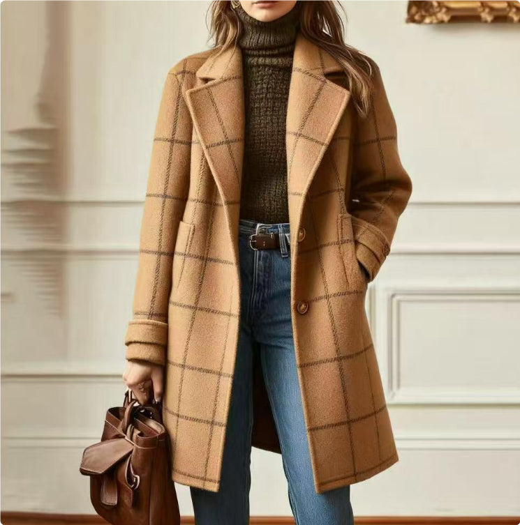 Women's Plaid Coat – Relaxed Fit with Lapels