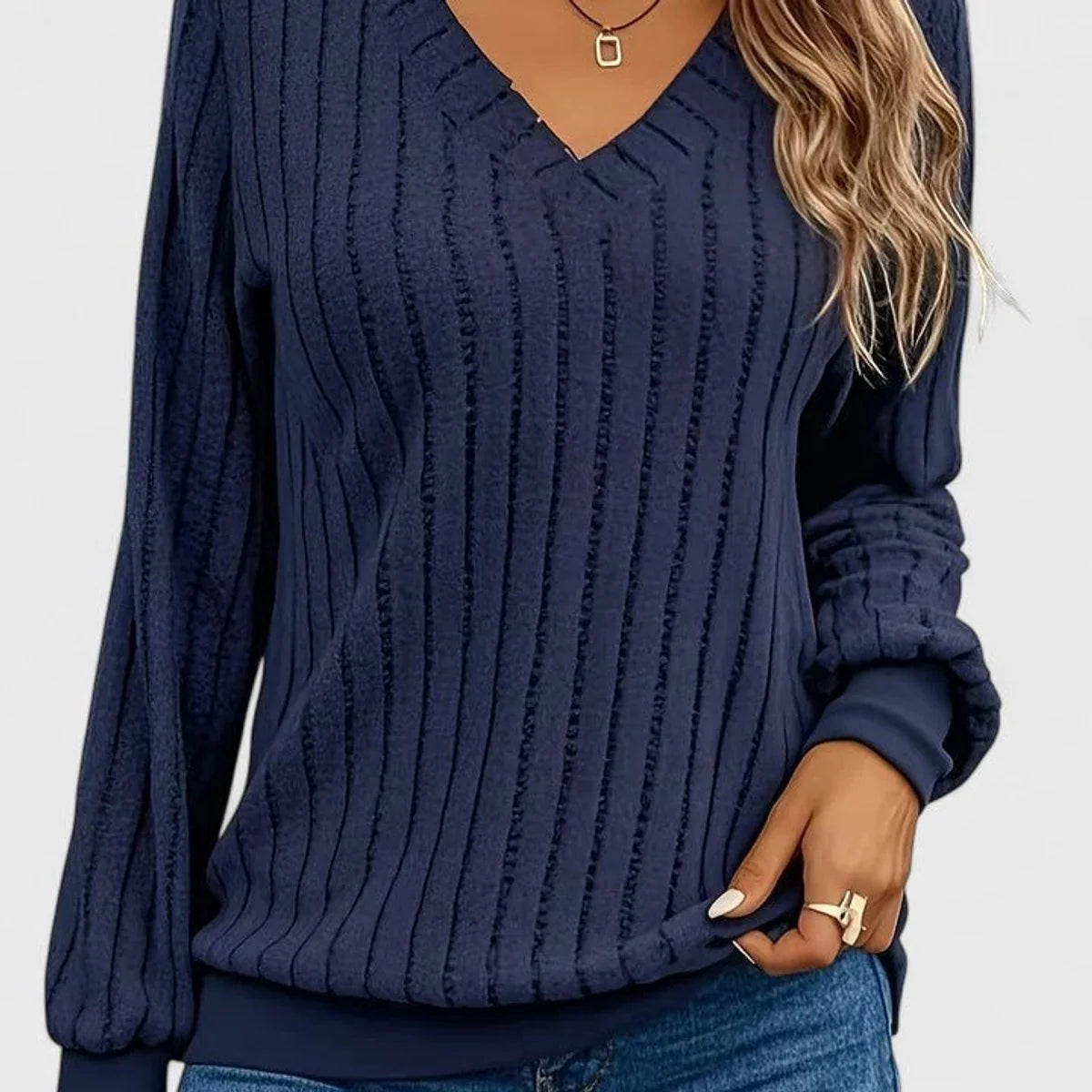 Women's V-Neck Knit Top – Brushed Rib Stripe