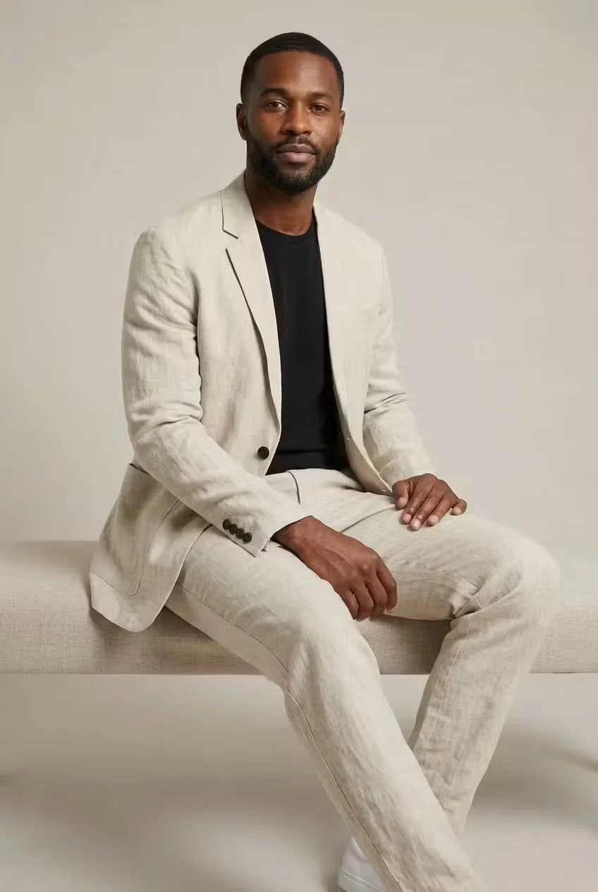 Men's Linen-Blend Two-Piece Suit – Relaxed Straight Leg