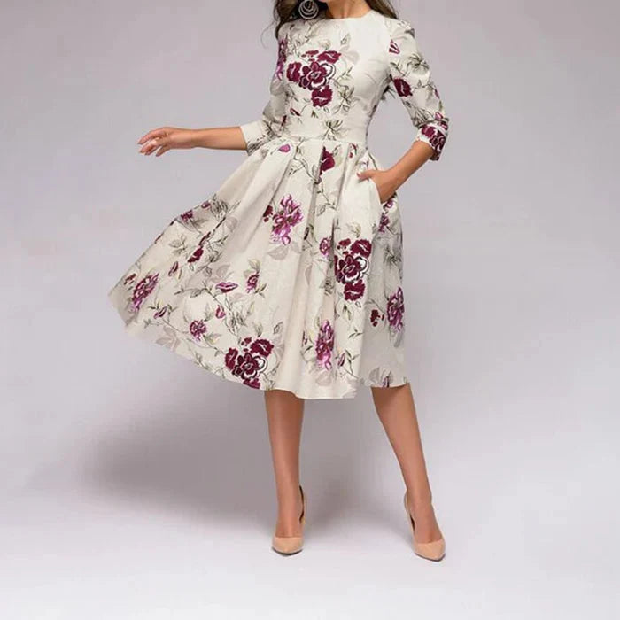 Women's Printed Midi Dress – Pleated Flared Skirt