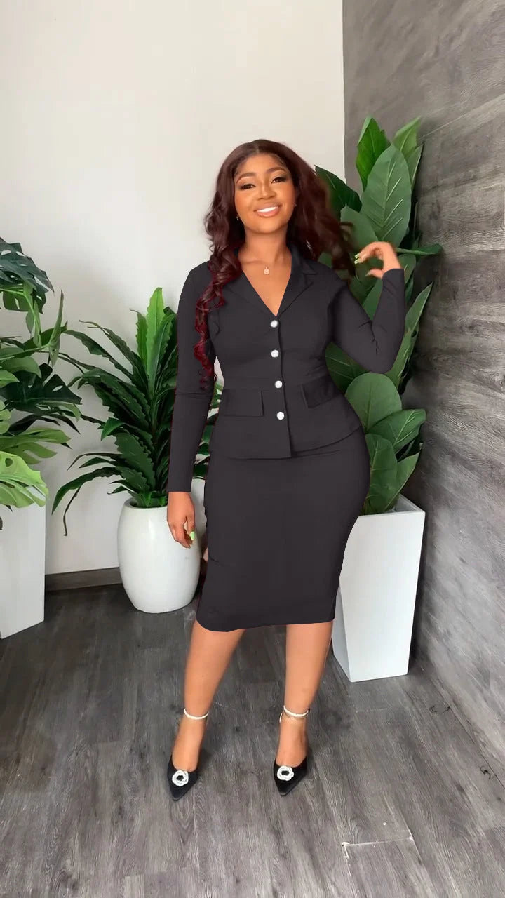 Women's Blazer and Midi Skirt Set – Shirt Collar Tailored