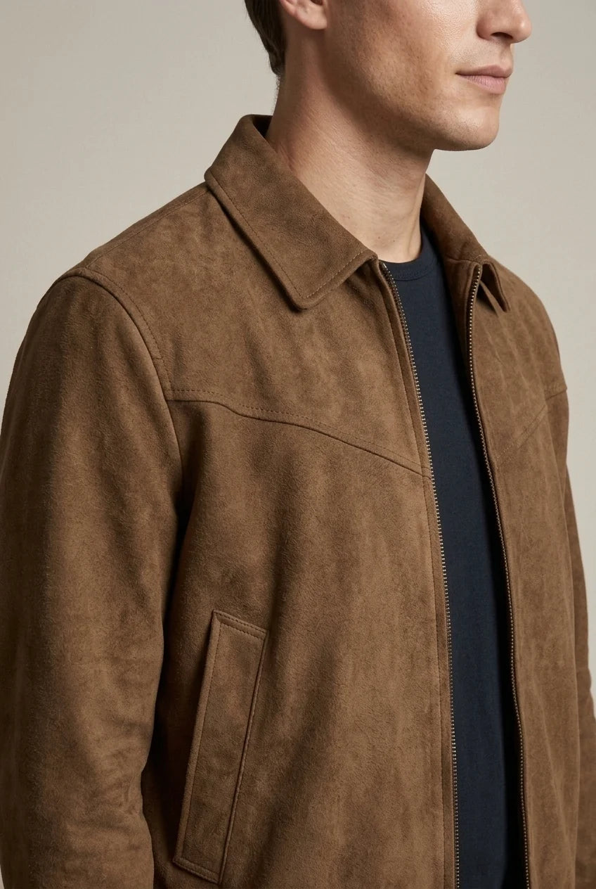 Men's Suede-Effect Jacket – Tailored Collar Zip-Up