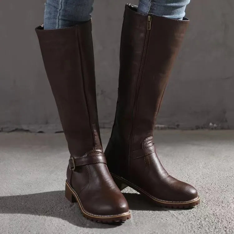 Women's Block Heel Boots – Mid-Calf Strap Detail