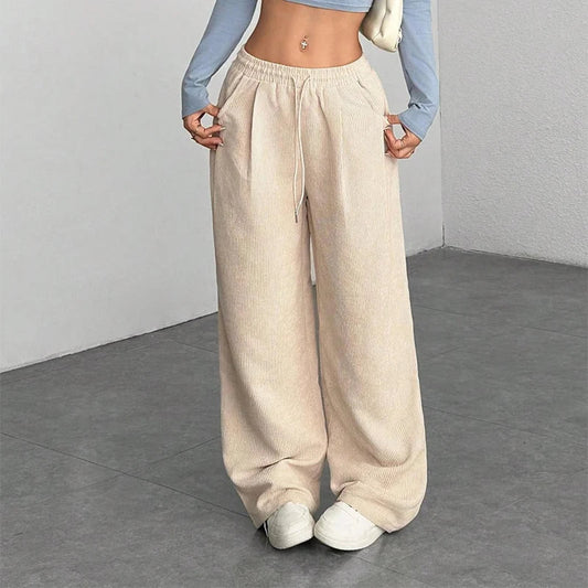 Women's Wide-Leg Corduroy Pants – Relaxed Drawstring Fit