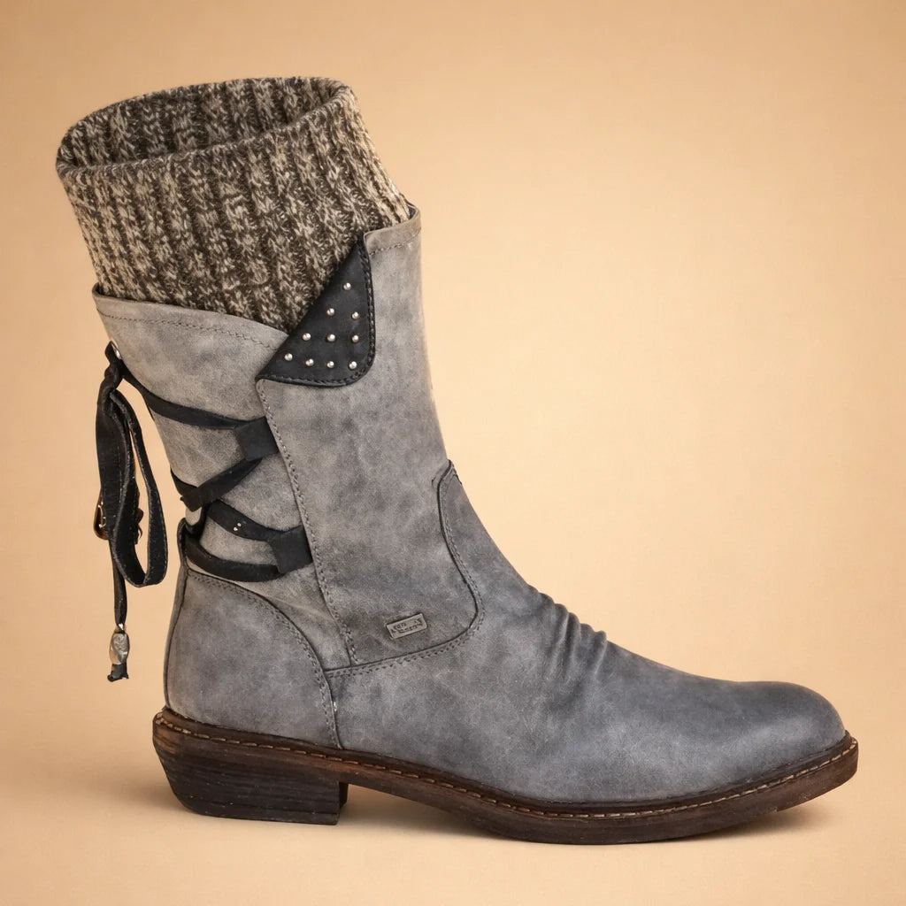 Women's Vegan Leather Boots – Back Lace-Up Mid-Calf