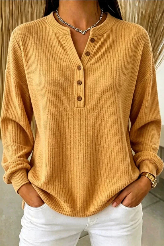 Women's Ribbed Henley Top – Relaxed Long Sleeve