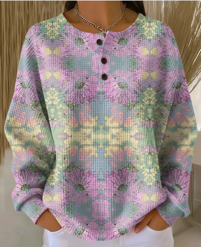 Women's Printed Hoodie – Buttoned Neckline Relaxed Fit