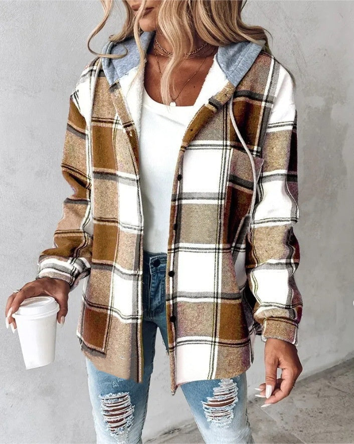 Women's Hooded Plaid Jacket – Relaxed Button Front