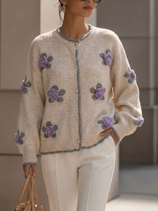 Women's Knit Cardigan – 3D Floral Appliqué