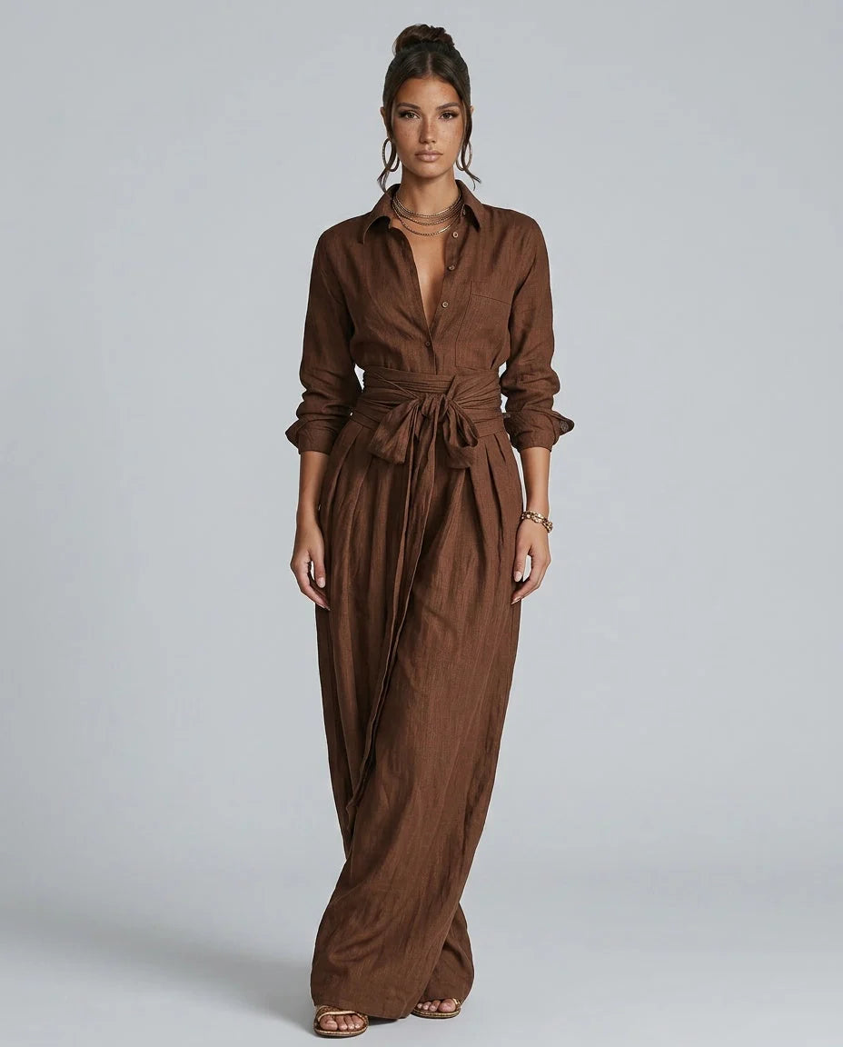 Women's Linen-Cotton Two-Piece Set – Tie-Waist Shirt and Pants