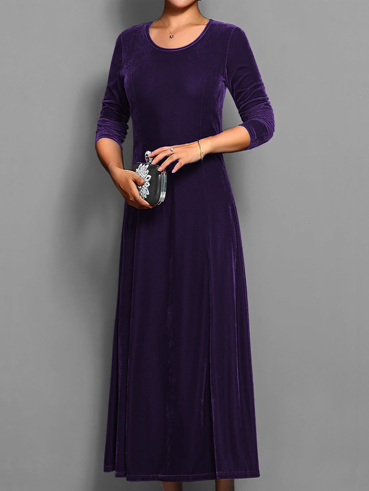 Women's Velvet Maxi Dress – A-Line Three-Quarter Sleeve