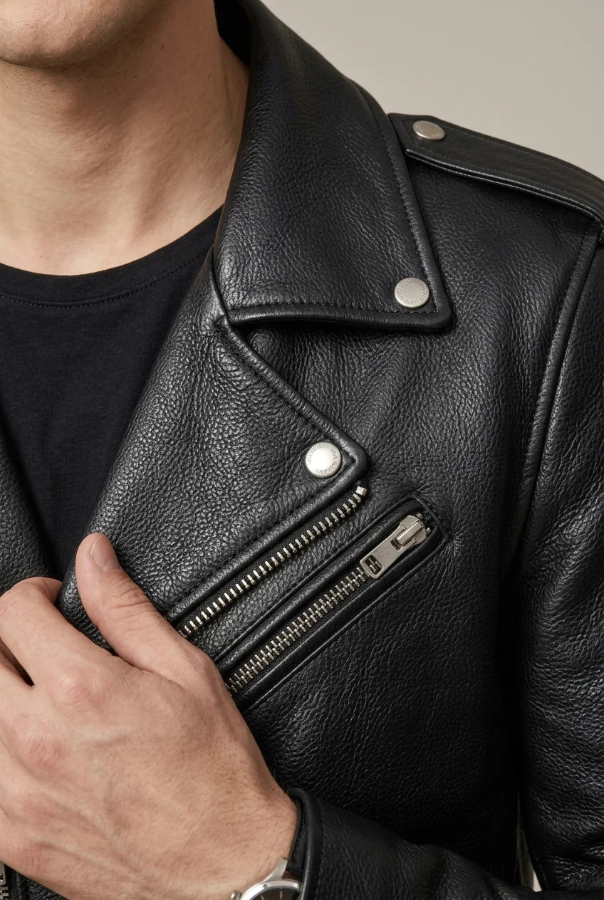 Men's Cowhide Leather Biker Jacket – Asymmetric Belted Waist