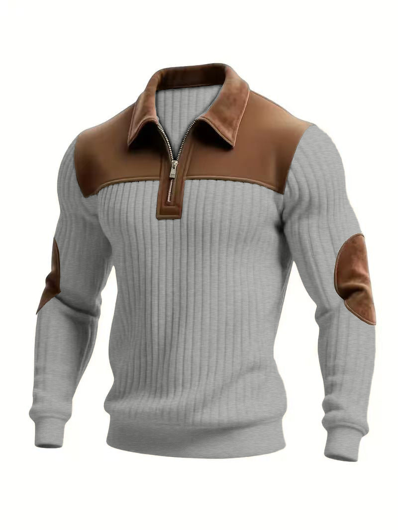 Men's Patchwork Knit Sweater – Notch Collar Zip Neck