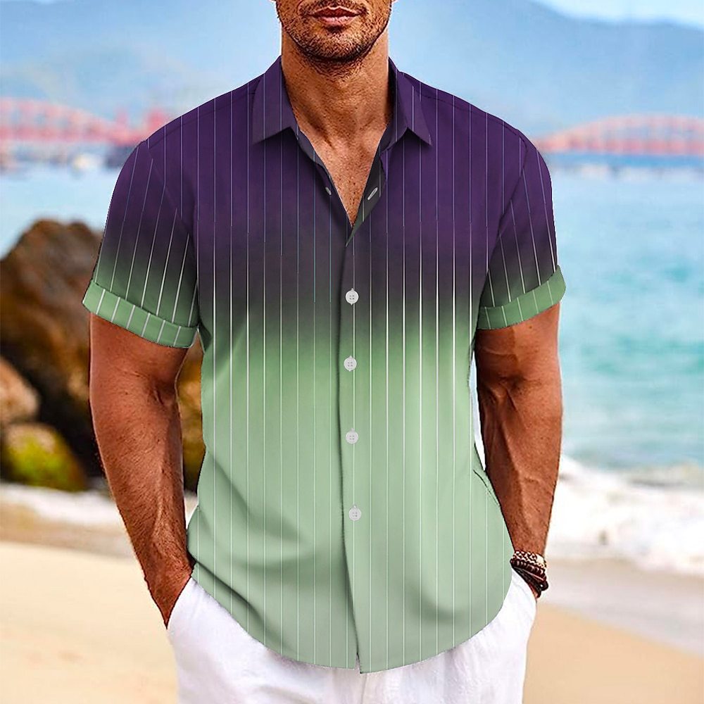 Men's Short-Sleeve Shirt – Gradient Stripe Camp Collar