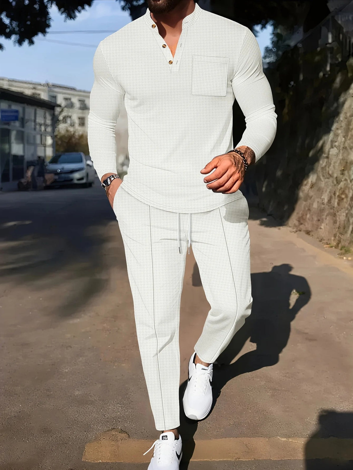Men's Waffle-Knit Two-Piece Set – Henley and Drawstring Pants
