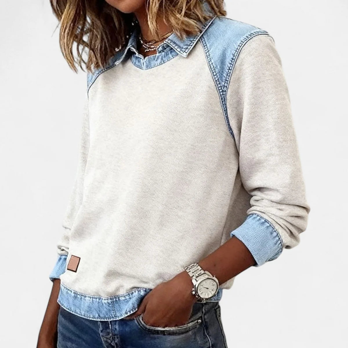 Women's Raglan Knit Sweater – Denim-Look Collar