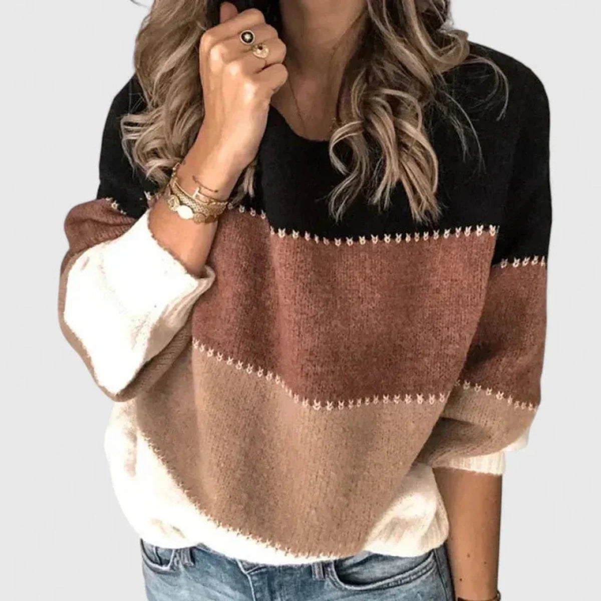 Women's Striped Knit Sweater – Relaxed Crewneck Pullover
