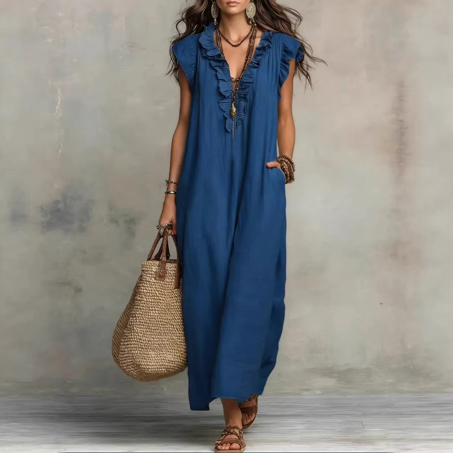 Women's Sleeveless Maxi Dress – Ruffle Trim with Pockets