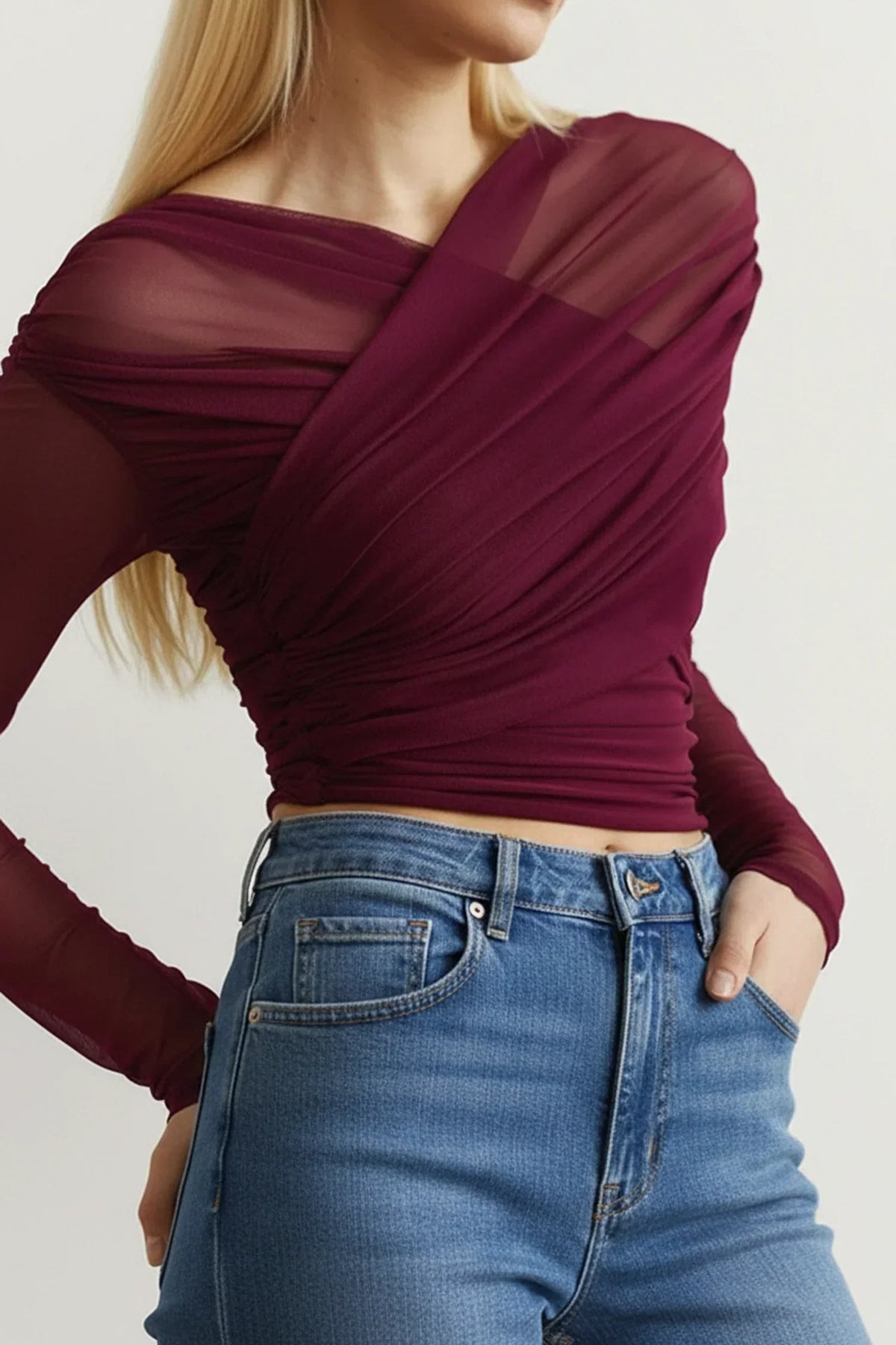 Women's Long Sleeve Top – Pleated Front Fitted